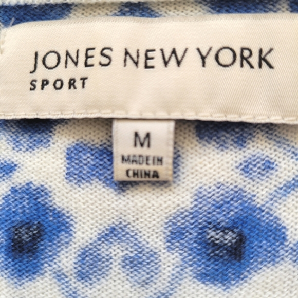 Jones New York Thin Knit Blue White Cotton Short Sleeve Button Down Blouse Sz. M - Picture 12 of 12
